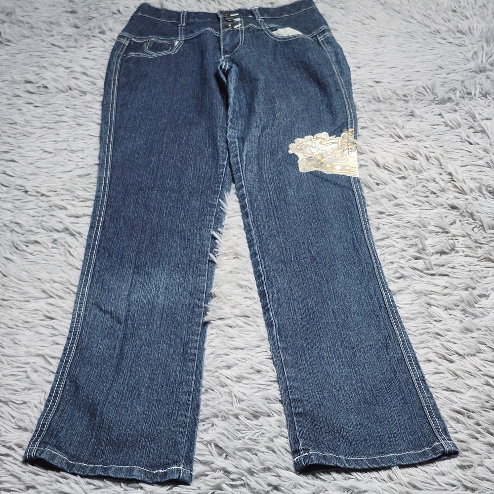 Jazzie Jeans Womens Juniors Size 7/8‎ Blue Denim Button Fly Straight Leg Graphic